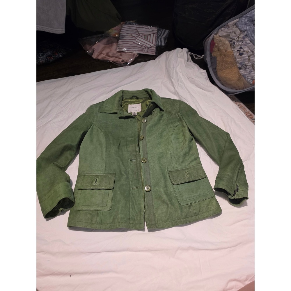 Harold's Womens Green Genuine Leather Button Front Jacket Size M Pockets Cuffs